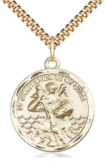 14kt Gold Filled Saint Christopher Pendant on a 24 inch Gold Plate Heavy Curb chain