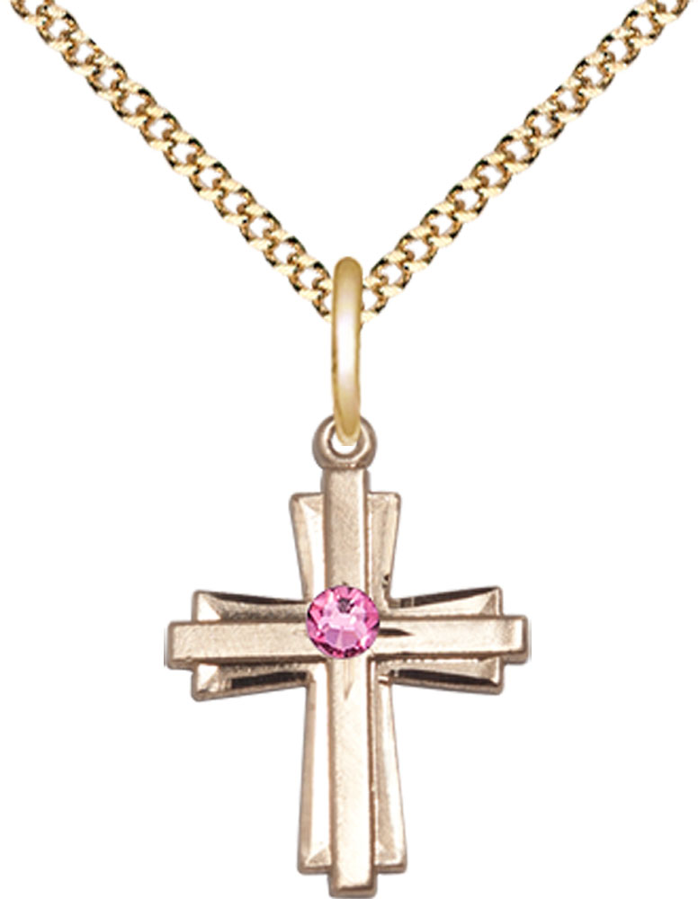 14kt Gold Filled Cross Pendant with a 3mm Rose Swarovski stone on a 18 inch Gold Plate Light Curb chain