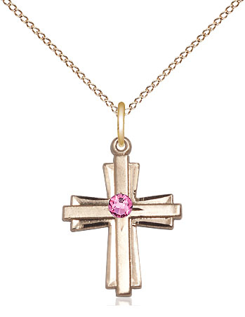 14kt Gold Filled Cross Pendant with a 3mm Rose Swarovski stone on a 18 inch Gold Filled Light Curb chain