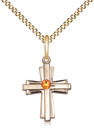 14kt Gold Filled Cross Pendant with a 3mm Topaz Swarovski stone on a 18 inch Gold Plate Light Curb chain