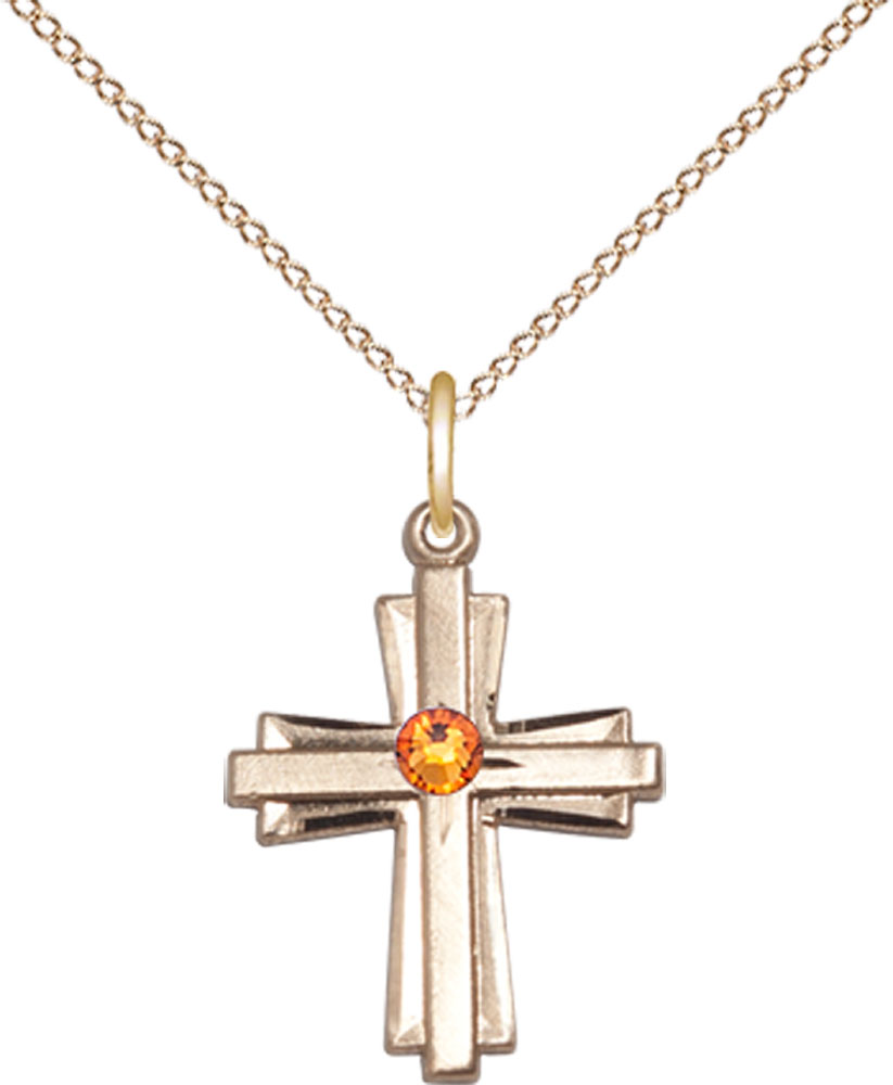 14kt Gold Filled Cross Pendant with a 3mm Topaz Swarovski stone on a 18 inch Gold Filled Light Curb chain