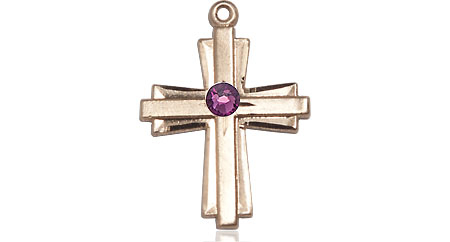 14kt Gold Filled Cross Medal with a 3mm Amethyst Swarovski stone