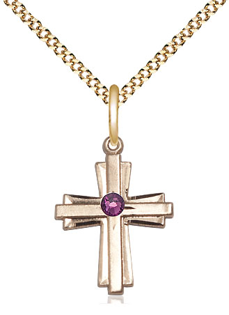 14kt Gold Filled Cross Pendant with a 3mm Amethyst Swarovski stone on a 18 inch Gold Plate Light Curb chain