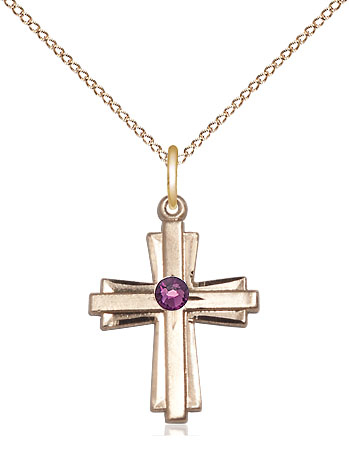 14kt Gold Filled Cross Pendant with a 3mm Amethyst Swarovski stone on a 18 inch Gold Filled Light Curb chain