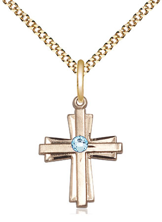 14kt Gold Filled Cross Pendant with a 3mm Aqua Swarovski stone on a 18 inch Gold Plate Light Curb chain