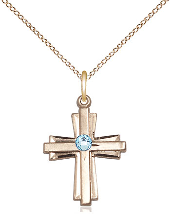 14kt Gold Filled Cross Pendant with a 3mm Aqua Swarovski stone on a 18 inch Gold Filled Light Curb chain