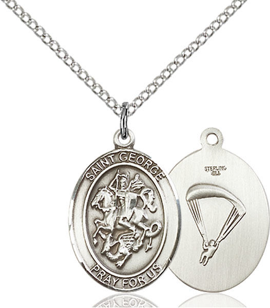 Sterling Silver Saint George Paratrooper Pendant on a 18 inch Light Rhodium Light Curb chain