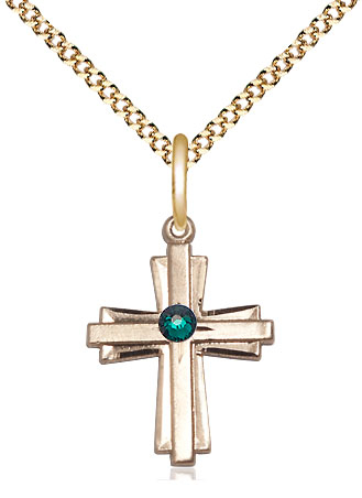 14kt Gold Filled Cross Pendant with a 3mm Emerald Swarovski stone on a 18 inch Gold Plate Light Curb chain