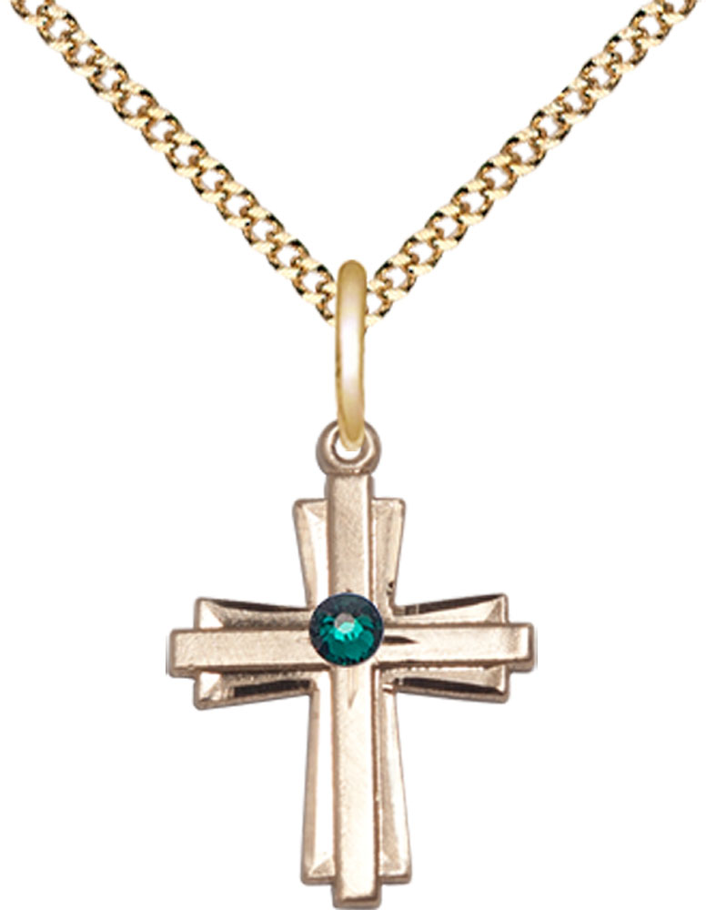 14kt Gold Filled Cross Pendant with a 3mm Emerald Swarovski stone on a 18 inch Gold Plate Light Curb chain