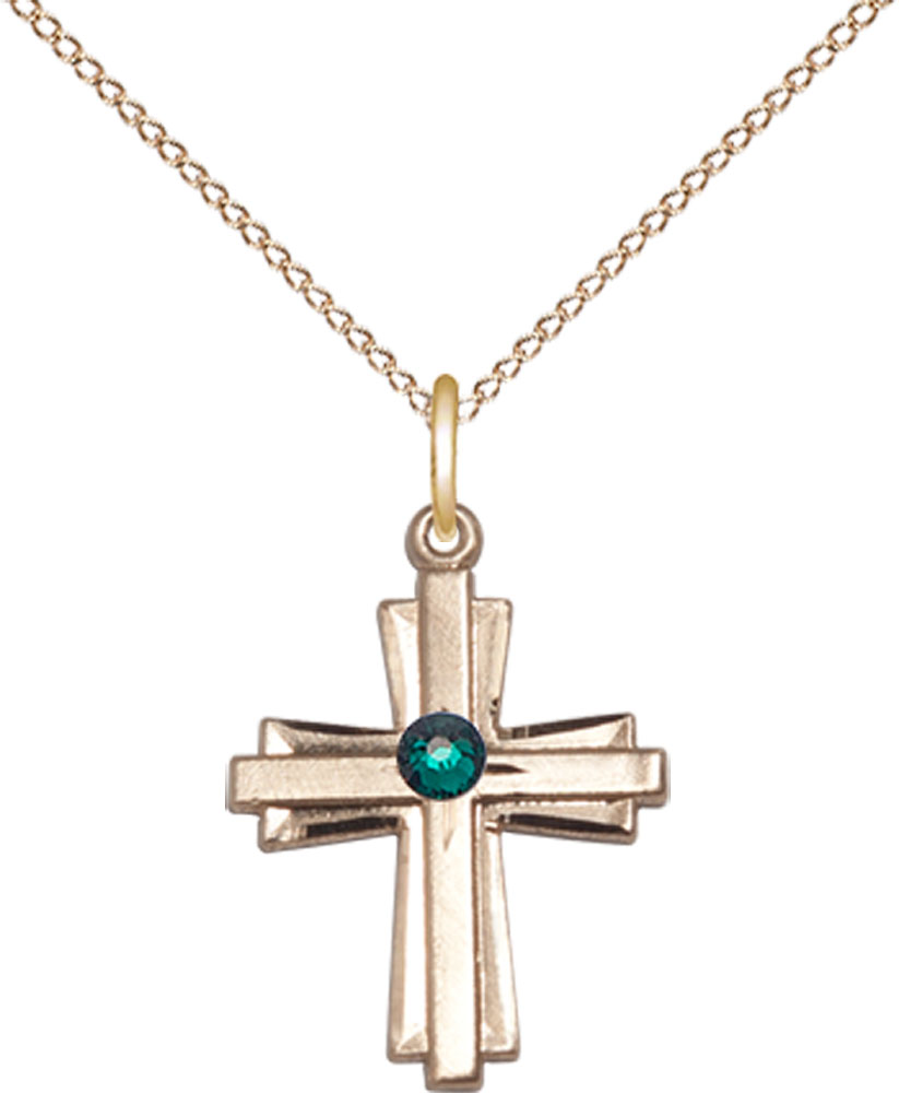 14kt Gold Filled Cross Pendant with a 3mm Emerald Swarovski stone on a 18 inch Gold Filled Light Curb chain