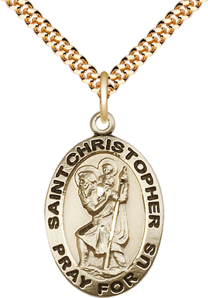 14kt Gold Filled Saint Christopher Pendant on a 24 inch Gold Plate Heavy Curb chain