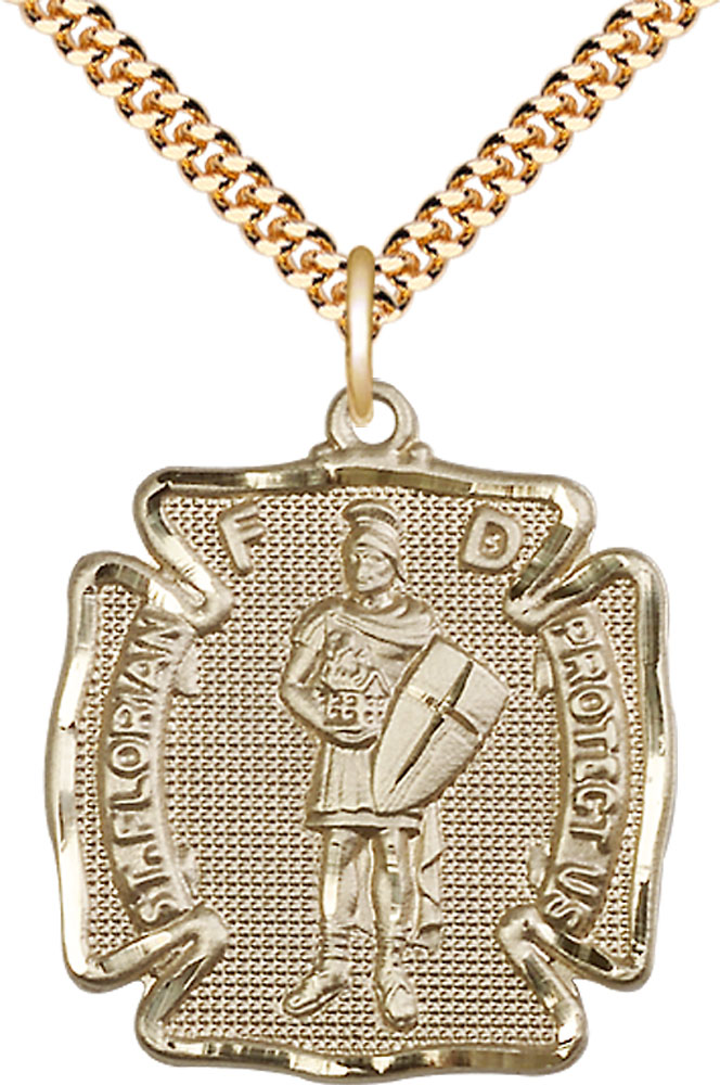 14kt Gold Filled Saint Florian Pendant on a 24 inch Gold Plate Heavy Curb chain