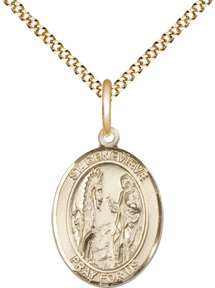14kt Gold Filled Saint Genevieve Pendant on a 18 inch Gold Plate Light Curb chain