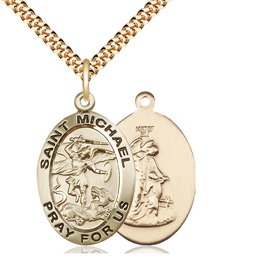 14kt Gold Filled Saint Michael the Archangel Pendant on a 24 inch Gold Plate Heavy Curb chain