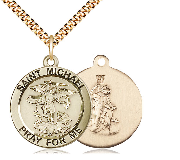 14kt Gold Filled Saint Michael the Archangel Pendant on a 24 inch Gold Plate Heavy Curb chain