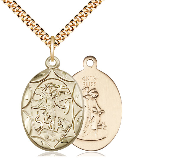 14kt Gold Filled Saint Michael the Archangel Pendant on a 24 inch Gold Plate Heavy Curb chain