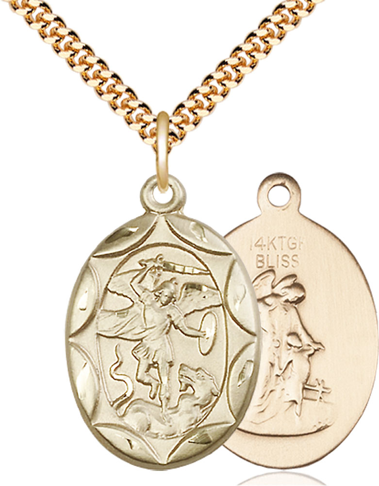 14kt Gold Filled Saint Michael the Archangel Pendant on a 24 inch Gold Plate Heavy Curb chain
