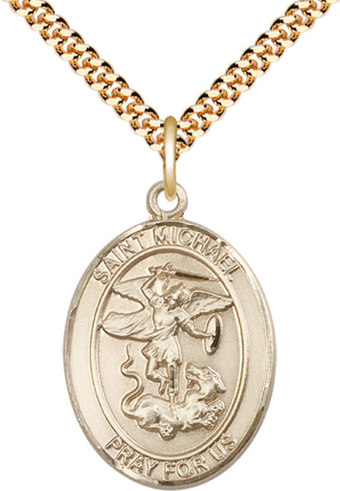 14kt Gold Filled Saint Michael the Archangel Pendant on a 24 inch Gold Plate Heavy Curb chain