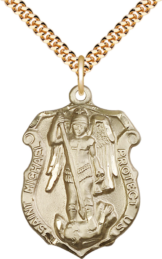 14kt Gold Filled Saint Michael the Archangel Shield Pendant on a 24 inch Gold Plate Heavy Curb chain
