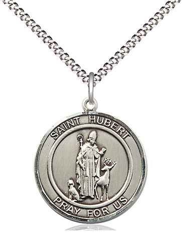 Sterling Silver Saint Hubert of Liege Pendant on a 18 inch Light Rhodium Light Curb chain