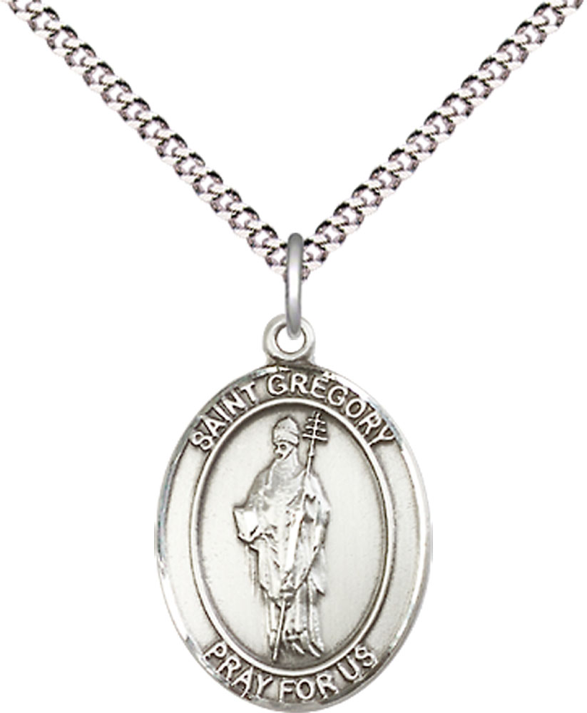 Sterling Silver Saint Gregory the Great Pendant on a 18 inch Light Rhodium Light Curb chain