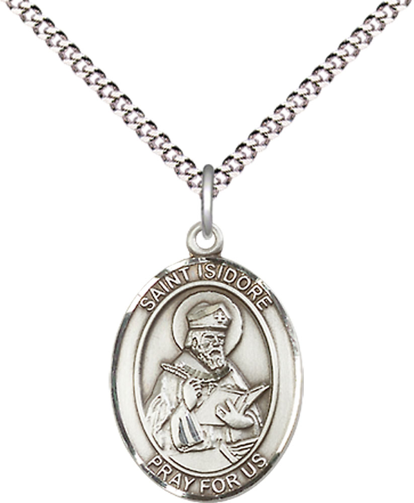 Sterling Silver Saint Isidore of Seville Pendant on a 18 inch Light Rhodium Light Curb chain
