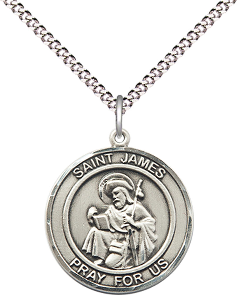 Sterling Silver Saint James the Greater Pendant on a 18 inch Light Rhodium Light Curb chain