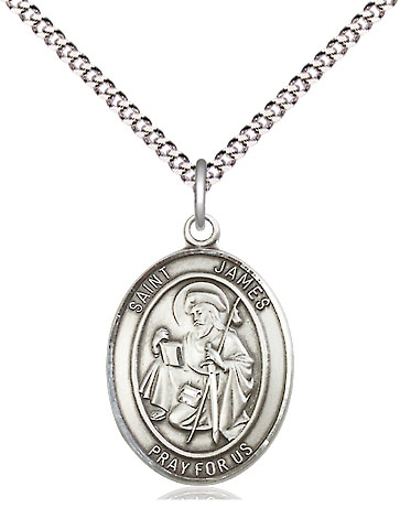 Sterling Silver Saint James the Greater Pendant on a 18 inch Light Rhodium Light Curb chain