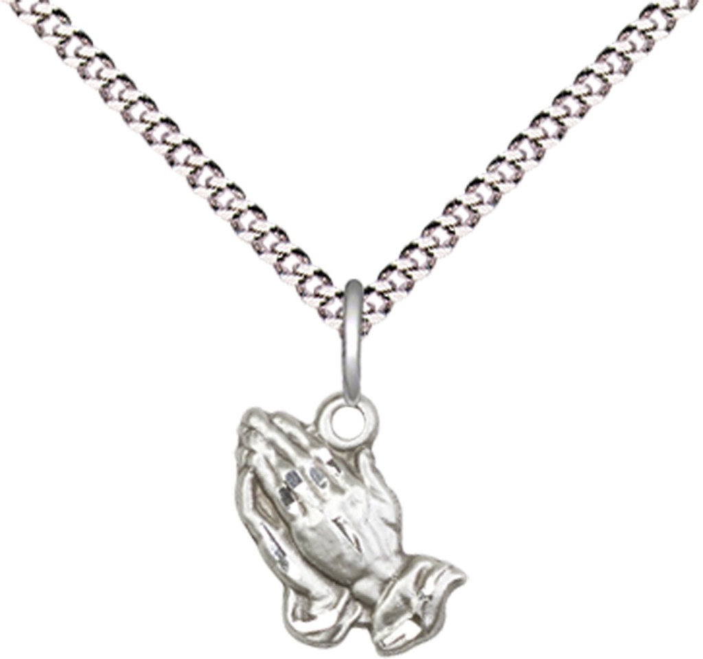 Sterling Silver Praying Hands Pendant on a 18 inch Light Rhodium Light Curb chain