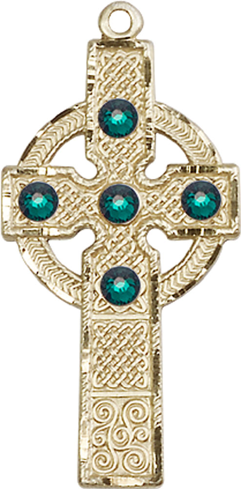 14kt Gold Filled Kilklispeen Cross w/ Emerald Stone Medal with a 3mm Emerald Swarovski stone