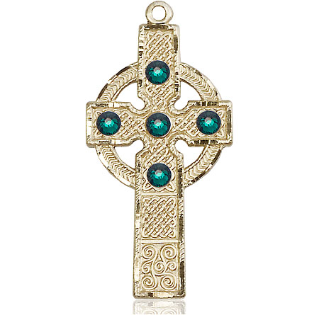 14kt Gold Filled Kilklispeen Cross w/ Emerald Stone Medal with a 3mm Emerald Swarovski stone