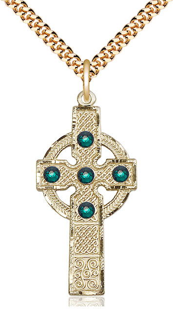 14kt Gold Filled Kilklispeen Cross w/ Emerald Stone Pendant with a 3mm Emerald Swarovski stone on a 24 inch Gold Plate Heavy Curb chain