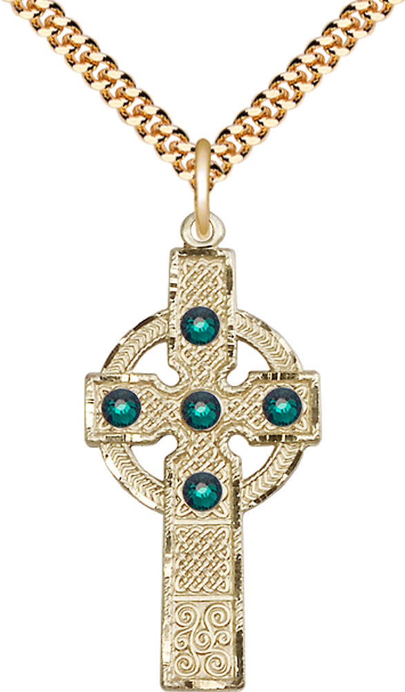 14kt Gold Filled Kilklispeen Cross w/ Emerald Stone Pendant with a 3mm Emerald Swarovski stone on a 24 inch Gold Plate Heavy Curb chain