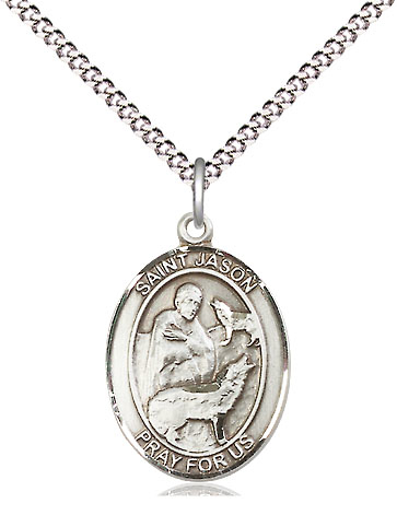 Sterling Silver Saint Jason Pendant on a 18 inch Light Rhodium Light Curb chain