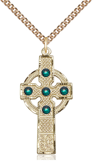 14kt Gold Filled Kilklispeen Cross w/ Emerald Stone Pendant with a 3mm Emerald Swarovski stone on a 24 inch Gold Filled Heavy Curb chain