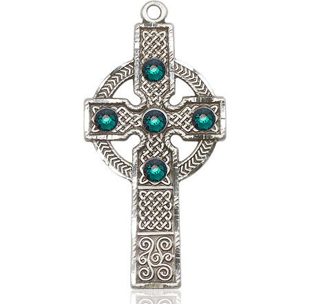 Sterling Silver Kilklispeen Cross w/ Emerald Stone Medal with a 3mm Emerald Swarovski stone
