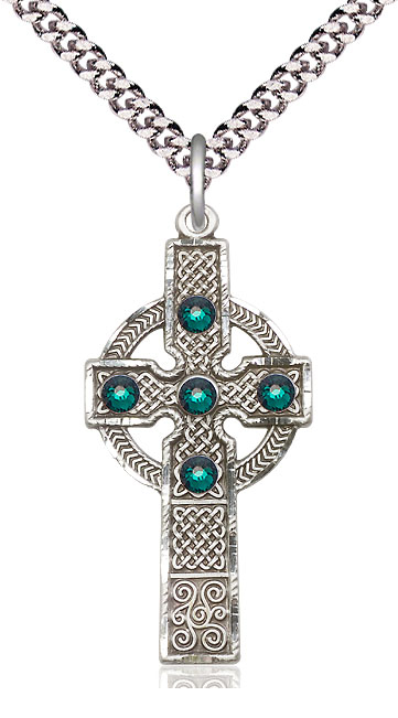 Sterling Silver Kilklispeen Cross w/ Emerald Stone Pendant with a 3mm Emerald Swarovski stone on a 24 inch Light Rhodium Heavy Curb chain