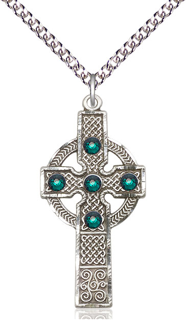 Sterling Silver Kilklispeen Cross w/ Emerald Stone Pendant with a 3mm Emerald Swarovski stone on a 24 inch Sterling Silver Heavy Curb chain
