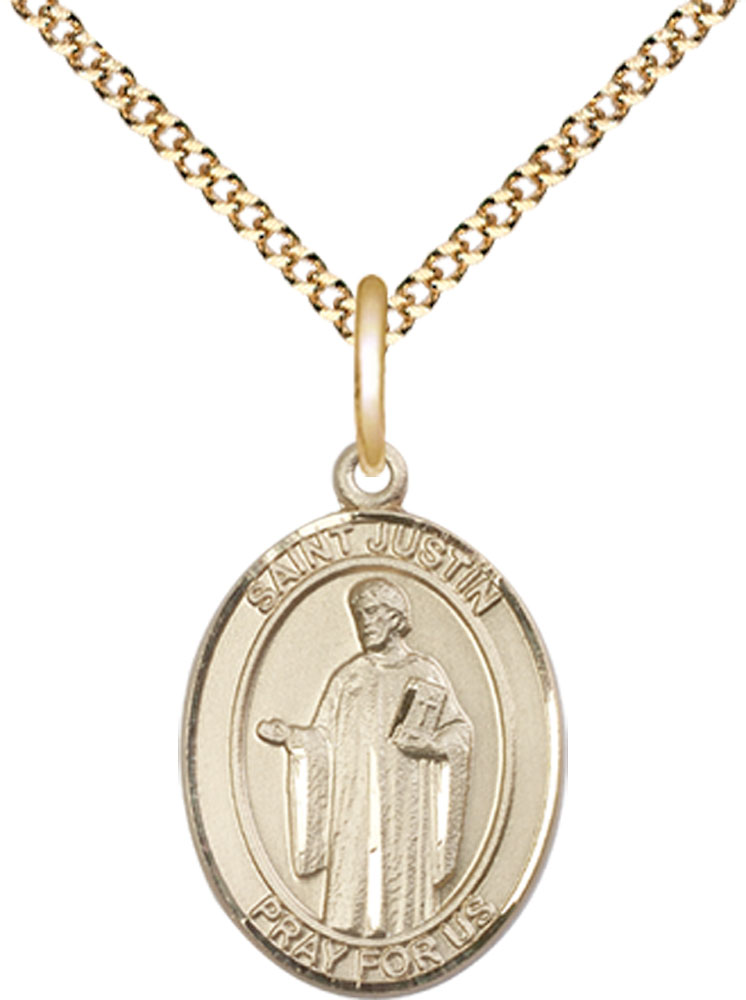 14kt Gold Filled Saint Justin Pendant on a 18 inch Gold Plate Light Curb chain