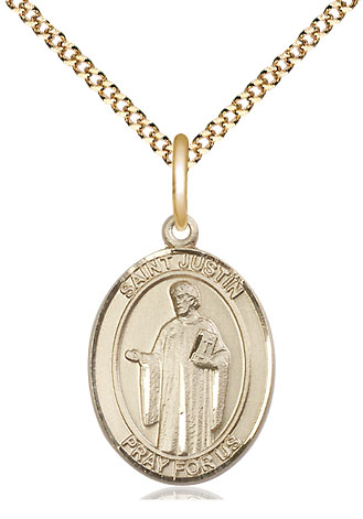 14kt Gold Filled Saint Justin Pendant on a 18 inch Gold Plate Light Curb chain