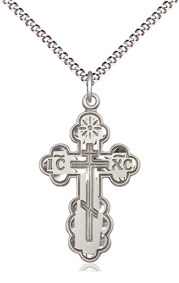 Sterling Silver Saint Olga Cross Pendant on a 18 inch Light Rhodium Light Curb chain