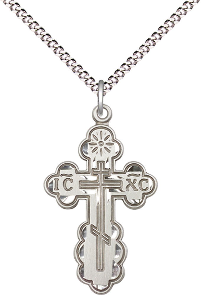 Sterling Silver Saint Olga Cross Pendant on a 18 inch Light Rhodium Light Curb chain