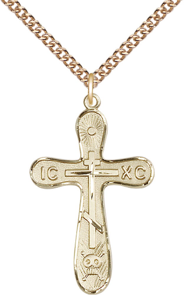 14kt Gold Filled Golgotha Cross Pendant on a 24 inch Gold Filled Heavy Curb chain