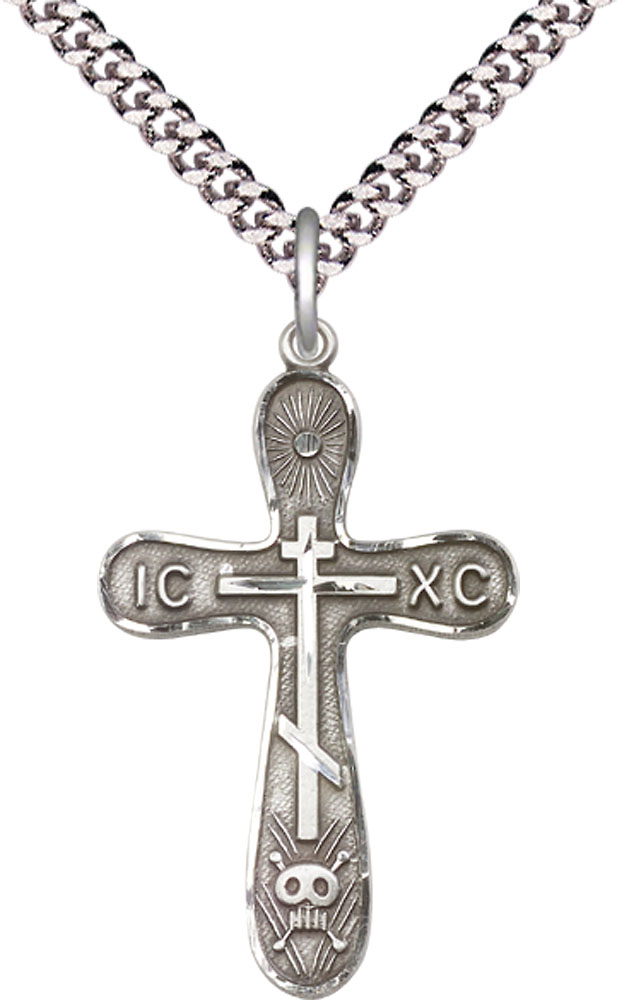 Sterling Silver Golgotha Cross Pendant on a 24 inch Light Rhodium Heavy Curb chain