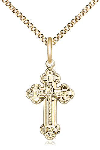 14kt Gold Filled Russian Cross Pendant on a 18 inch Gold Plate Light Curb chain