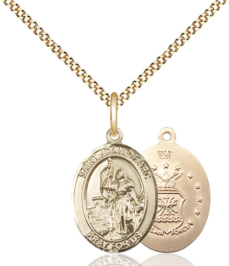 14kt Gold Filled Saint Joan of Arc Air Force Pendant on a 18 inch Gold Plate Light Curb chain