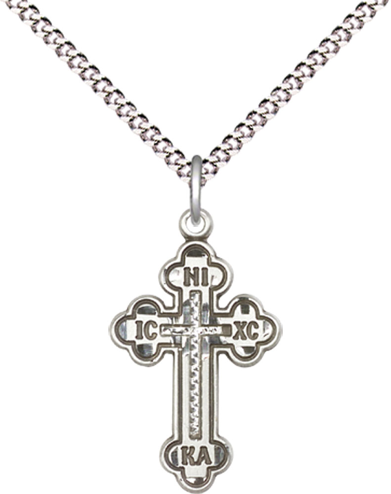 Sterling Silver Russian Cross Pendant on a 18 inch Light Rhodium Light Curb chain