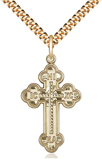 14kt Gold Filled Russian Cross Pendant on a 24 inch Gold Plate Heavy Curb chain