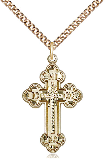 14kt Gold Filled Russian Cross Pendant on a 24 inch Gold Filled Heavy Curb chain