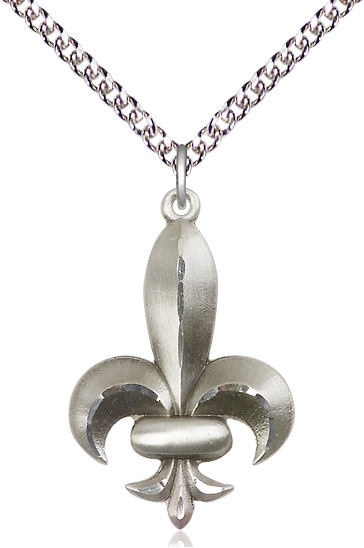 Sterling Silver Fleur de Lis Pendant on a 24 inch Sterling Silver Heavy Curb chain